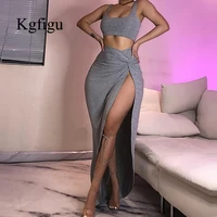 kgfigu women 2 piece sets bodycon halter crop top and skirt outfits split bottoms party suits evening stretchy soft clothing