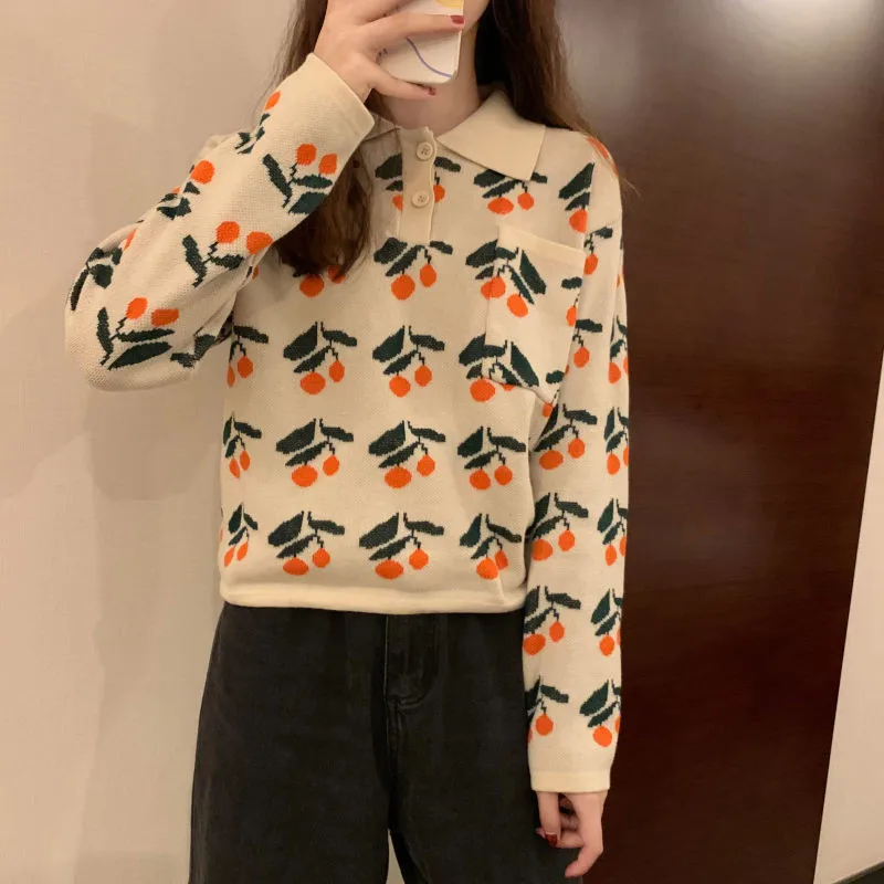 

Korean Style Polo Collar Small Orange Print Sweater Women's Long Sleeve Loose Kpop Sweatshirt sudadera mujer Pullover