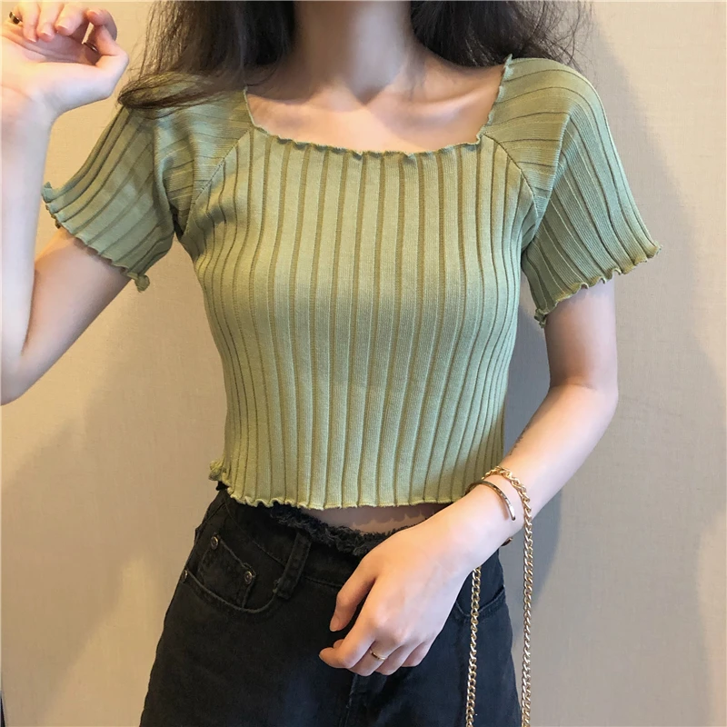 Женский укороченный топ OUMEA ребристый с коротким рукавом вырезом лодочкой и