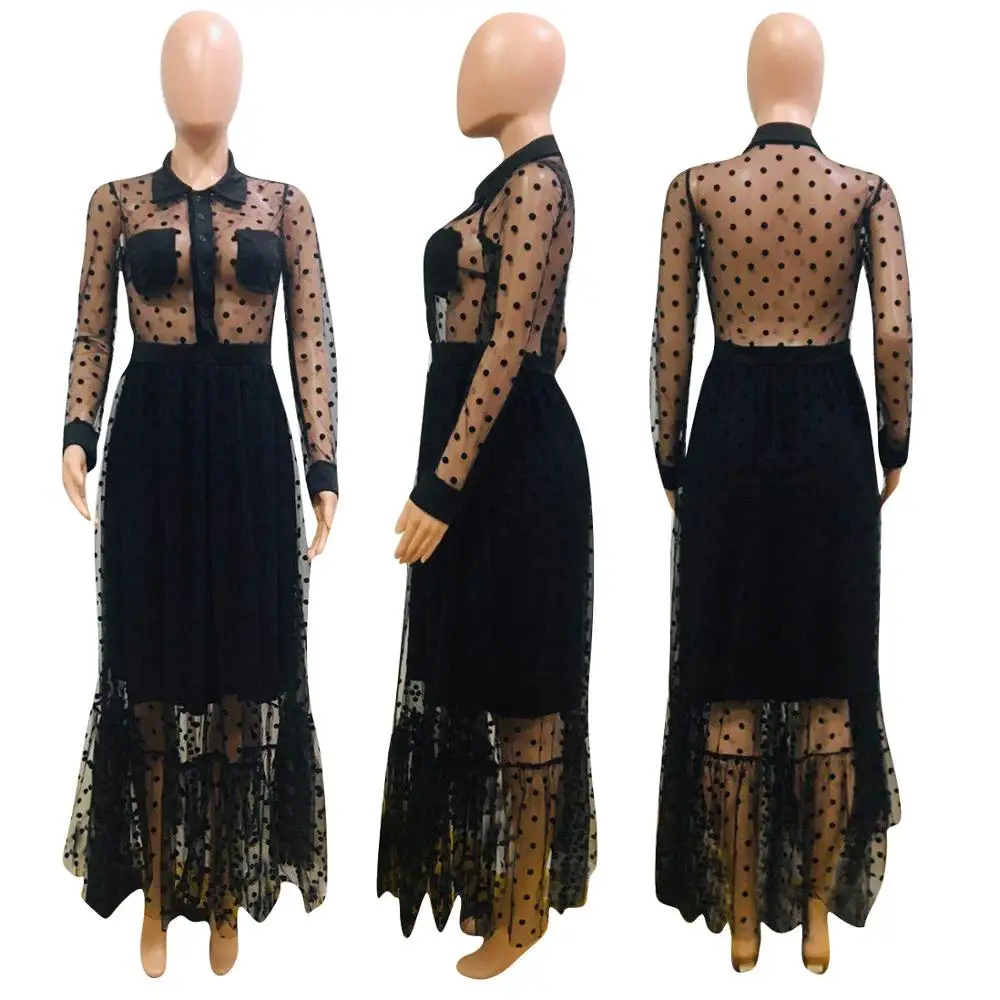 Платье в горошек с сеткой сексуальное для ночного клуба длинное спереди на