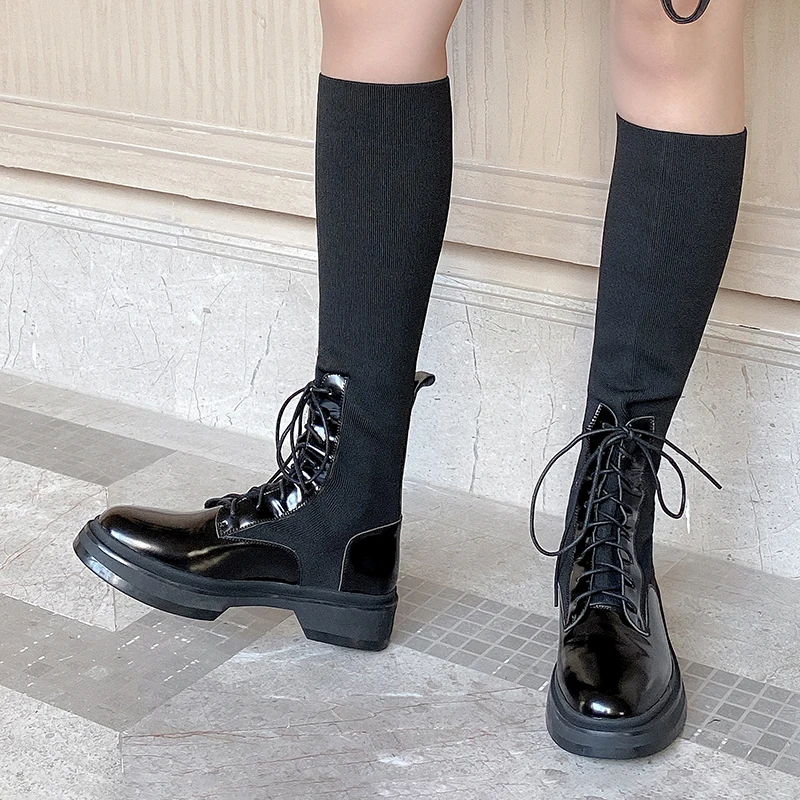 Beli Ukuran 34-43 Seksi Kulit Asli Paha Tinggi Sepatu Wanita Sepatu Hak Tinggi Sepatu Bot Setinggi Lutut Untuk Wanita Ujung Bulat Panjang Sepatu Cross-Tied