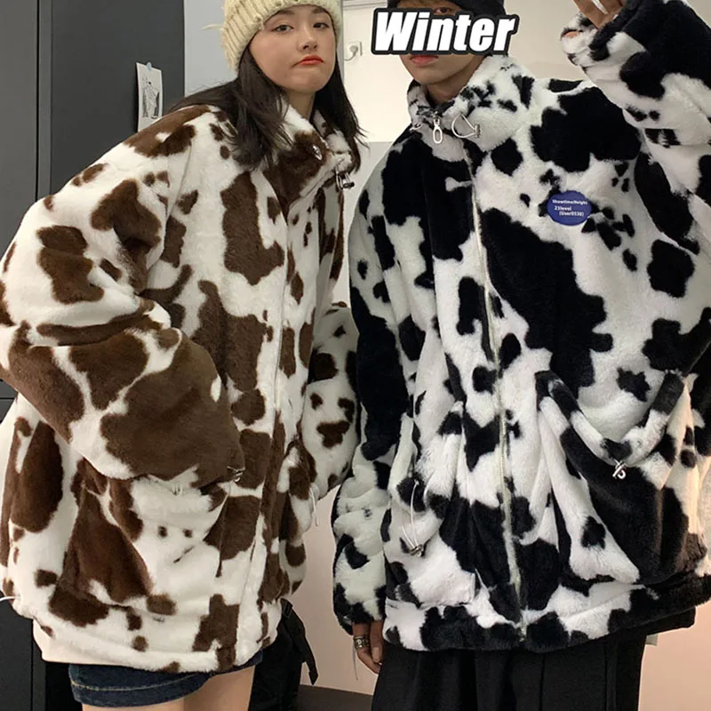 Winter Milk Spot Fur Coat Men Women Fashion Street Thick Warm Jackets Long Sleeve Loose Black White White Coffee Lovers Clothes