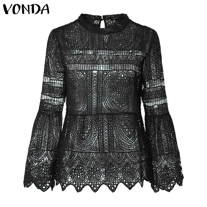 VONDA, женская сексуальная блуза с полым верхом,, повседневная, с длинным рукавом, с неровным подолом, для вечеринки, Blusas, пляжные топы, женская рубашка размера плюс, одежда - Цвет: Черный