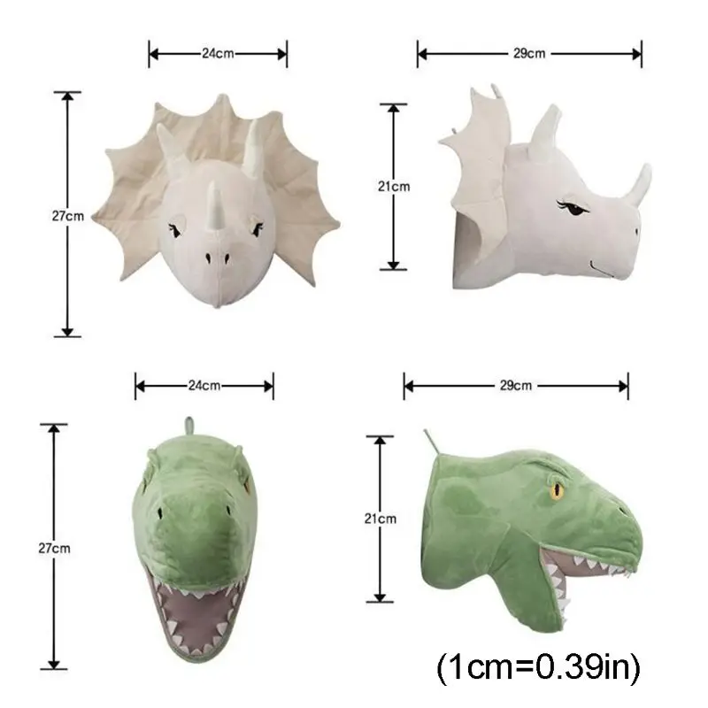 

3D Cartoon Animal Head Dinosaur Stuffed Plush Toy for Children Bedroom Nursery Room Wall Hanging Decor Boys Gift