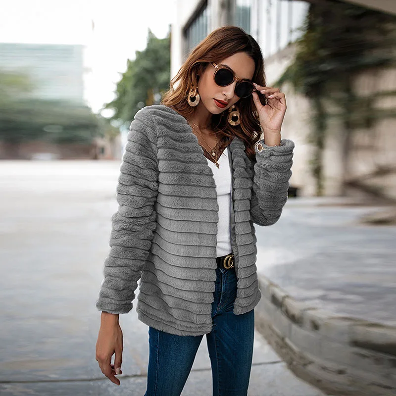 Women Winter Coat Slim Cardigans Faux Furry Jackets Striped Rabbit Fashion Full Sleeve Thick Warm Fur Jacket | Женская одежда