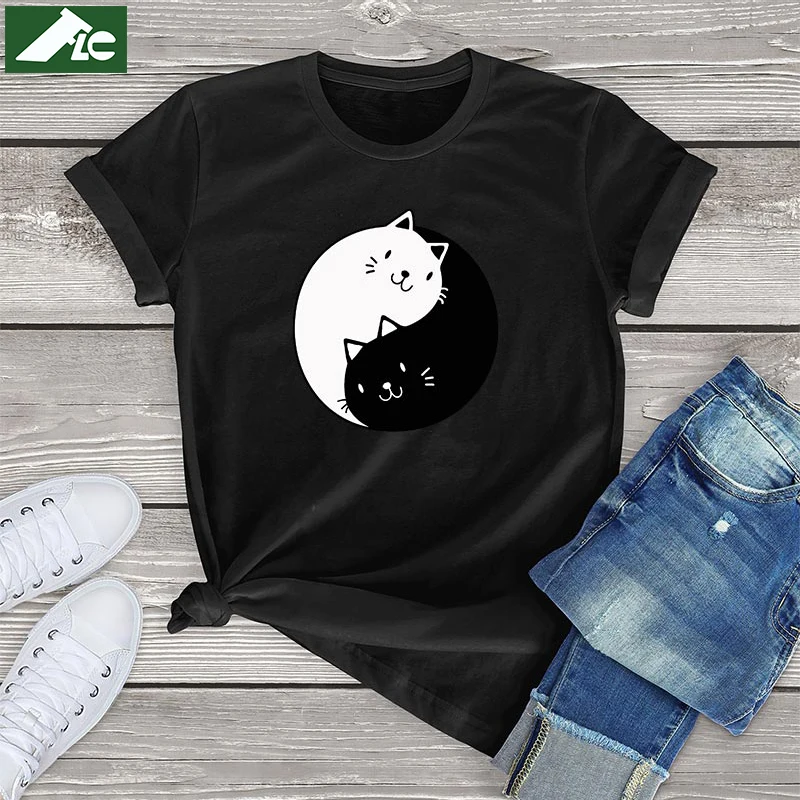 

100 хлопок kawaii Taichi Cat футболки для женщин Yinyang Kongfu милый кот женские рубашки винтажная графическая футболка унисекс одежда топы для девочек
