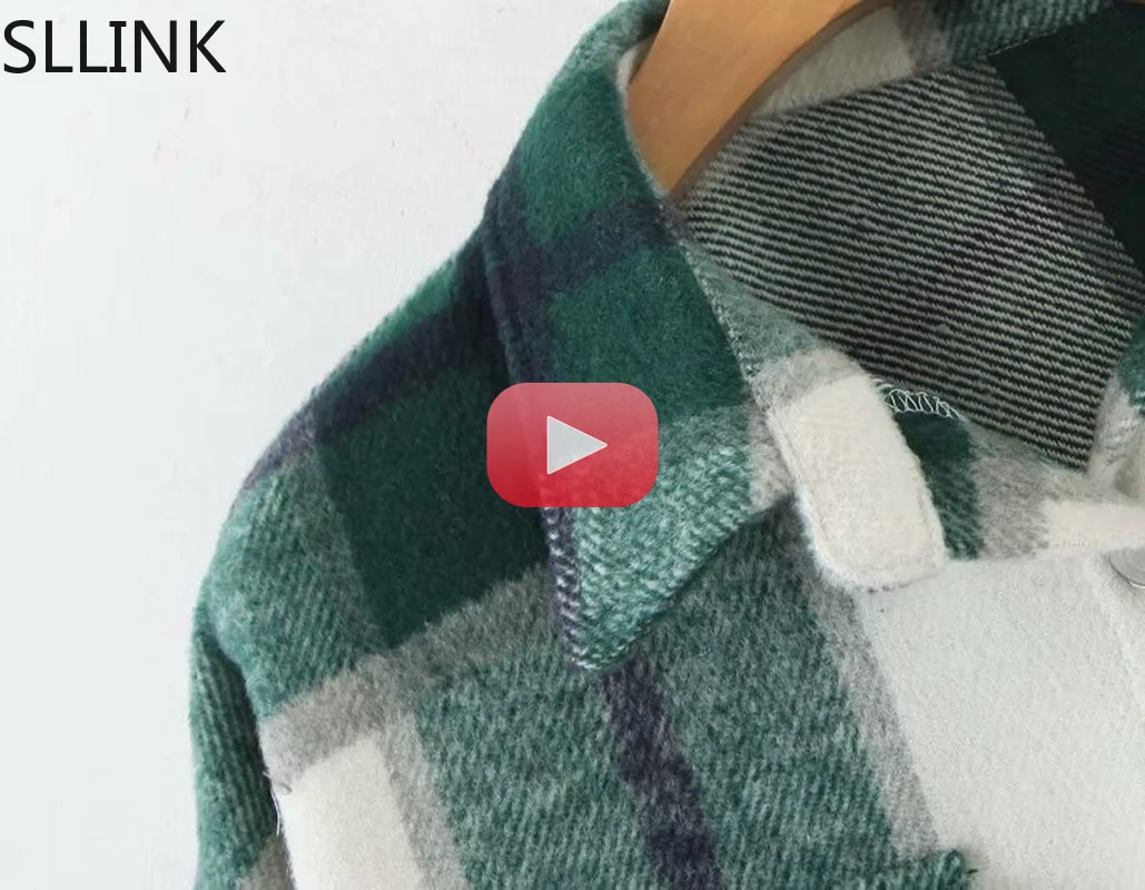 

European style turtleneck, long sleeve, open front pocket, loose plaid shirt coat for women's wear