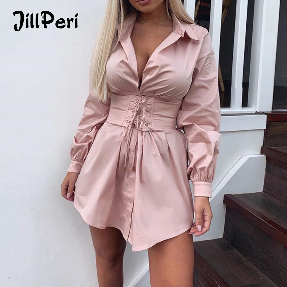 JillPeri Autumn Long Sleeve Shirt Dress with Corset Belt Solid Sexy Elegant Outfit Office Lady Street Wear Party Dress Set