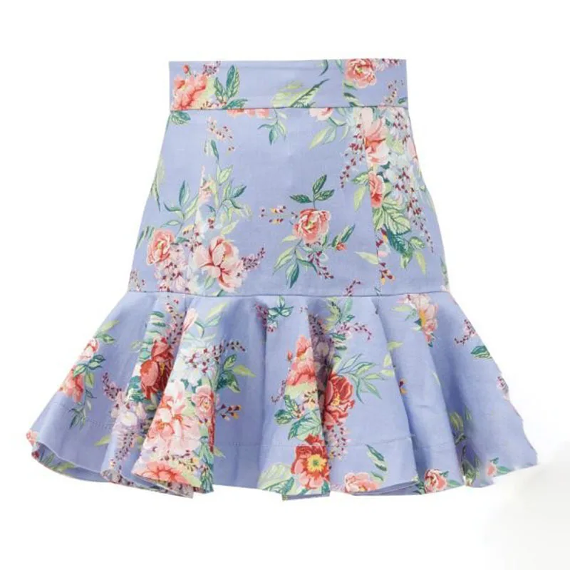 

XIZIHUPAN Vintage Print Two Piece Set For Women Lapel Lantern Long Sleeve Top High Waist Ruched Mini Skirt Slim Sets Female 2021