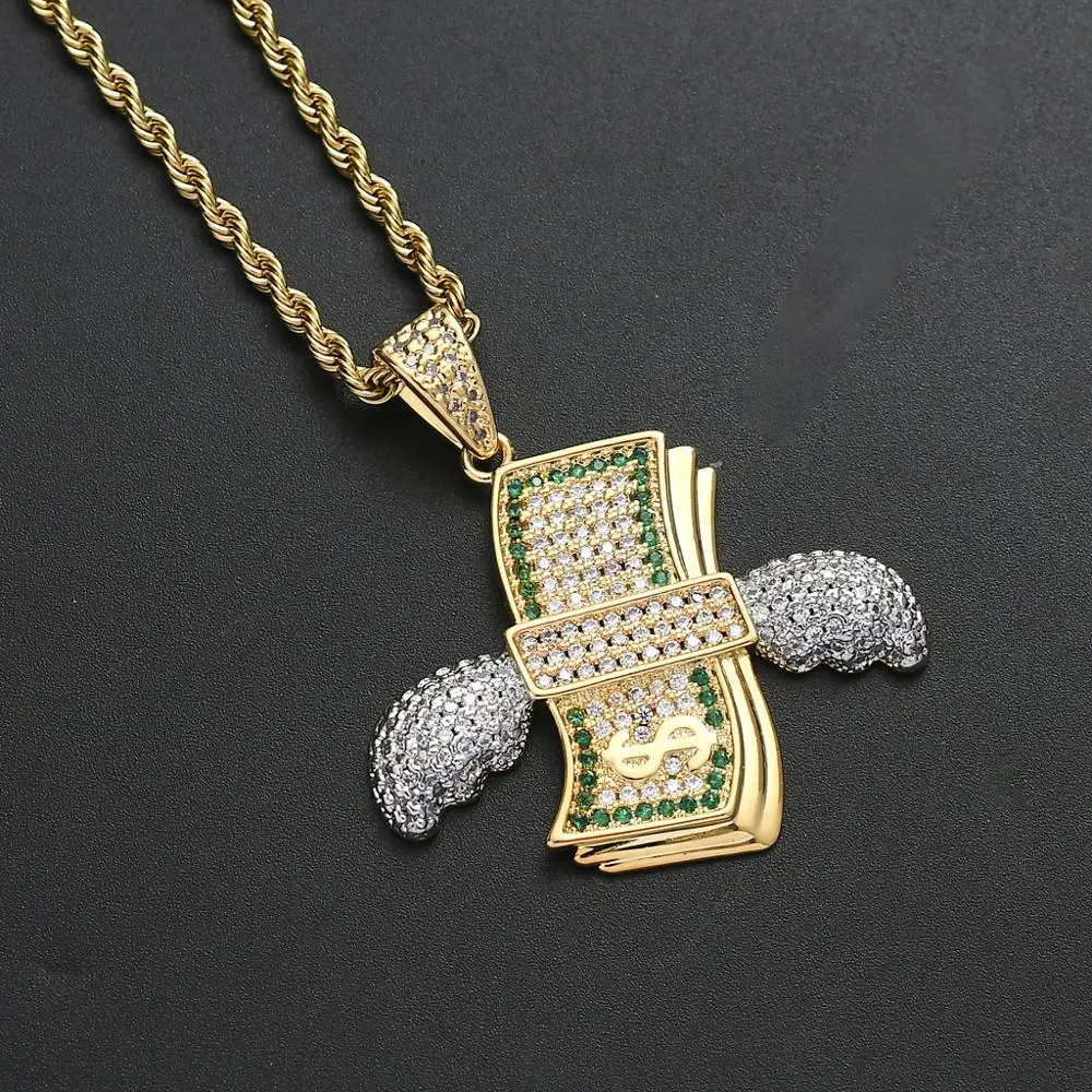 

Men Hiphop iced out bling dollar with wings pendant necklaces AAA Zircon male Hip hop necklace fashion jewelry gifts