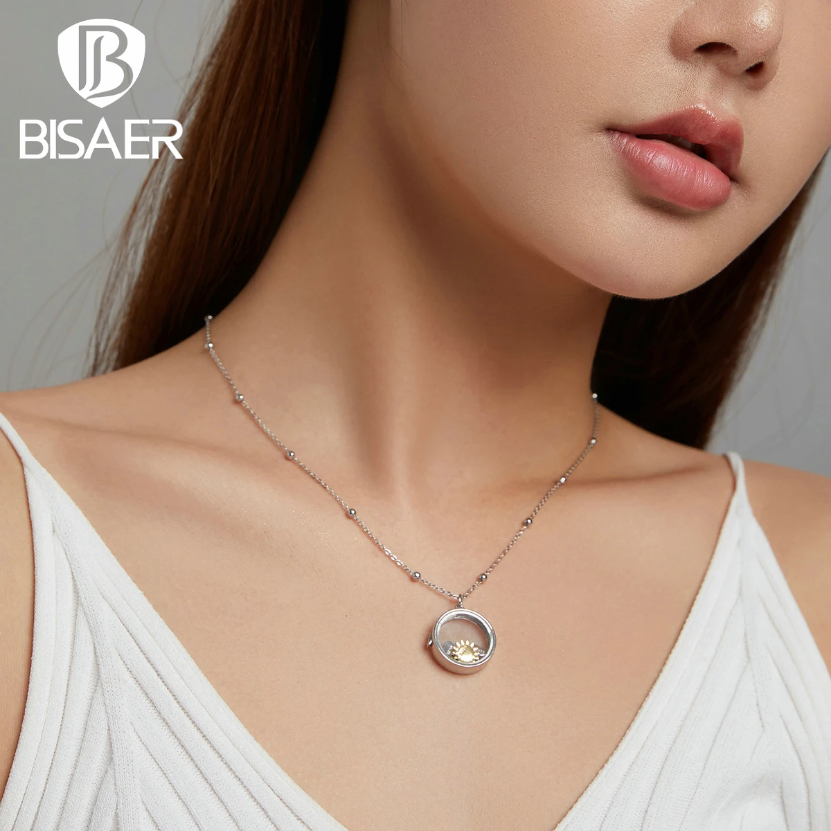 

BISAER 925 Sterling Silver Floating Circle Locket Glass Pendants 45cm Long Necklaces Pendants Can Hold Petite Elements EFN232