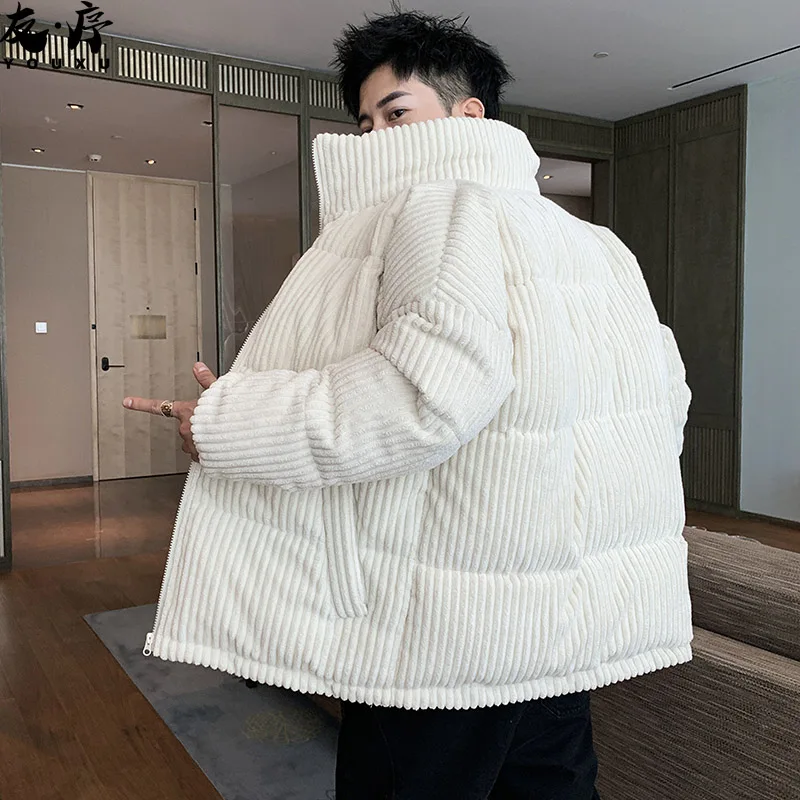 Corduroy Cotton Coat Men's Winter Tide Stand Collar Coat Men's Korean-Style Trendy Youth Loose Fleece-Lined Thickened Cotton