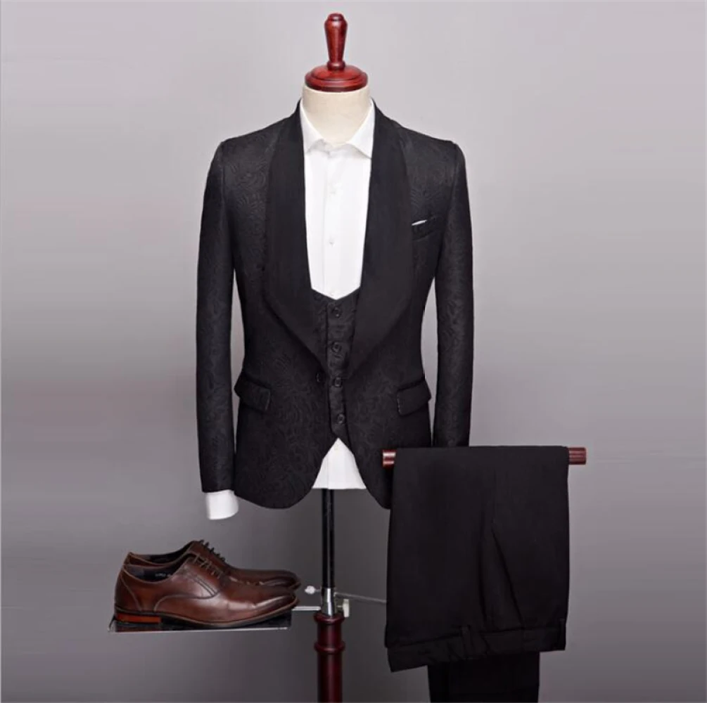 European-style Retro Jacquard Mens Suit Three-piece Blazer   Vest   Trousers Suit Mens Stage Host Costume