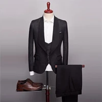 european style retro jacquard mens suit three piece blazer vest trousers suit mens stage host costume