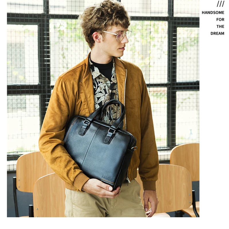 New Natural Cowskin 100% Genuine Leather Men's Briefcase Fashion Large Capacity Business bag Black Shoulder Laptop Bag