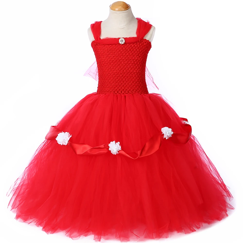 Red Princess Tutu Dress Ankle-Length Girl Kids Birthday Party Child Tulle Flower Dresses for Weddings Pageant Gown | Детская одежда и