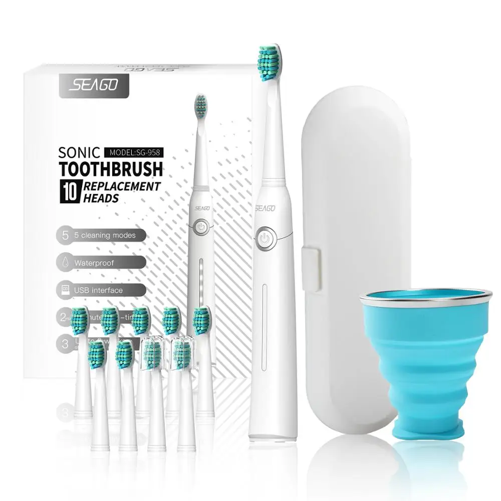 

SEAGO Lovers Rechargeable Electric Toothbrush Sonic Tooth Brush Travel Box Portable Folding Cup Ultrasonic Replace Brush Heads