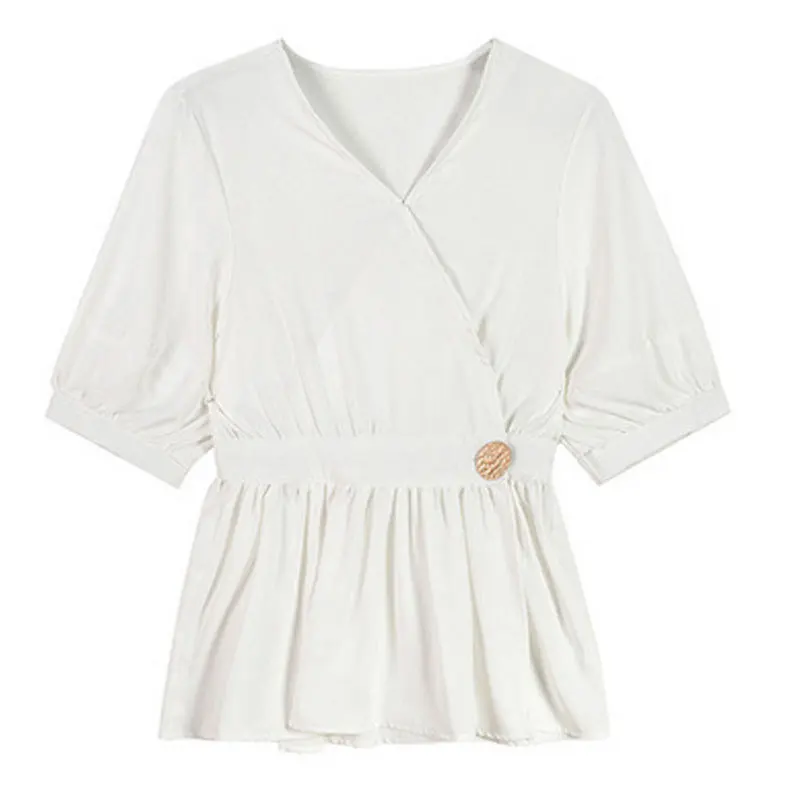 

TVVOVVIN Fashion Summer New Lantern Sleeve White Shirt Female V-neck High Waist Pleated One Button Sweet Shirt 20M2