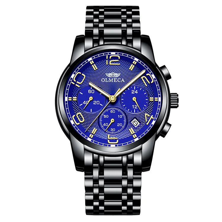 blue black OLMECA Мужские кварцевые наручные часы спортивные Для мужчин мужской классический Бизнес наручные часы из нержавеющей стали Автоматическая Дата Браслет для мужа босс подарок браслет часы - Цвет: blue black