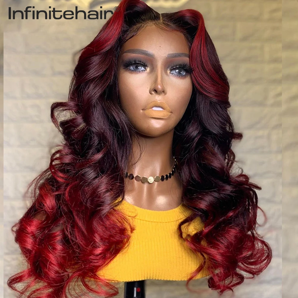 Burgundy Highlight 13*1 T Part Lace Front Wig Red Colored Deep Middle Parting Human Hair Wigs Pre Plucked for Black Women