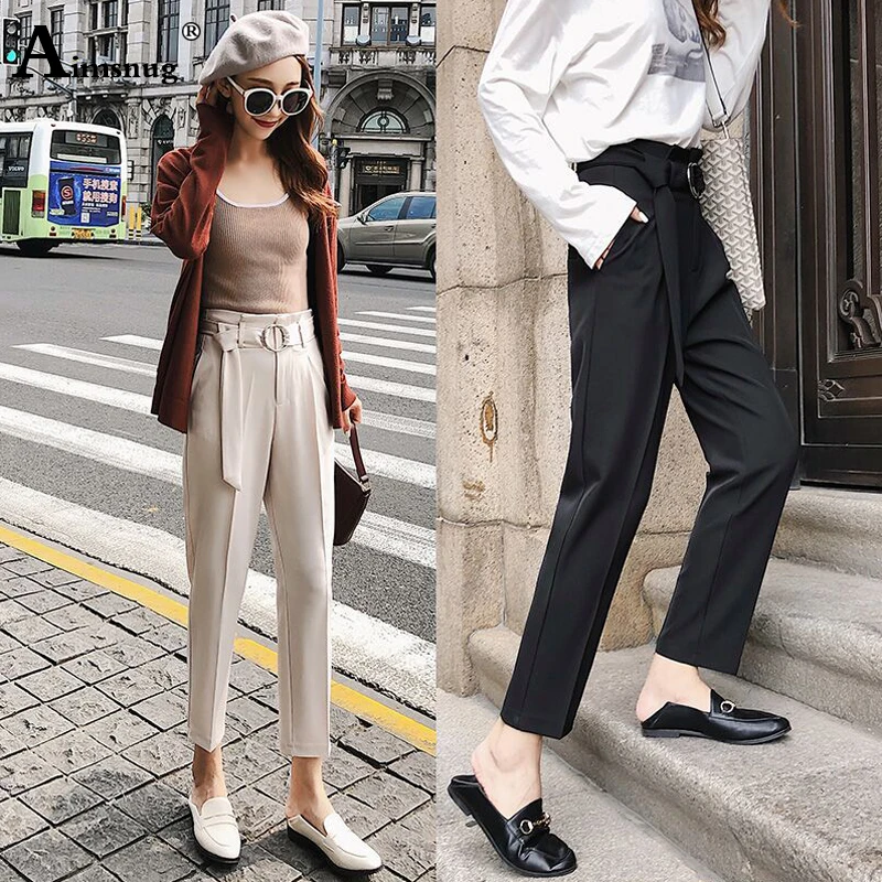 

Spring Autumn New Solid Apricot Chic Fashion Wild High Waist Waistband Women Straight Pants Simple Female Nine Pants Feet