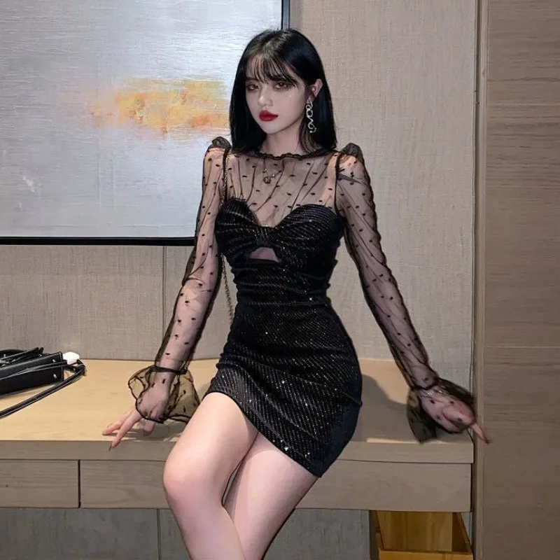 

Autumn Winter 2020 Women's dress black temperament Mesh Sexy Club party Pencil korean kpop gothic clothing style indie aesthetic