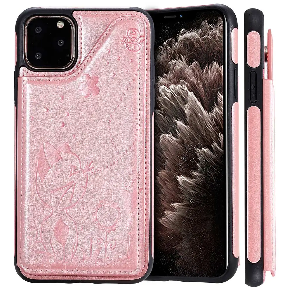 Кожаный чехол кошелек с кошками и пчелами для iPhone 11 Pro Max противоударный откидной