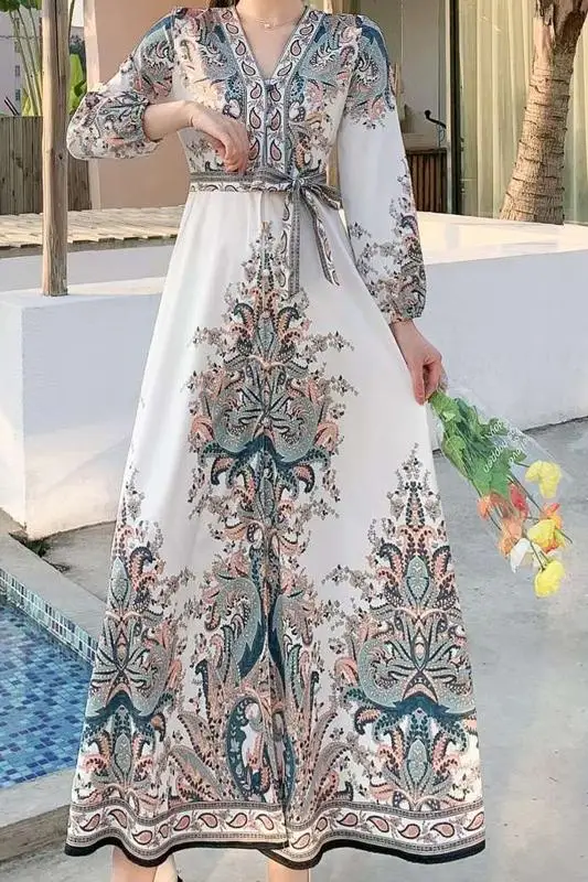 

Spring Vintage V-neck Elegant Print Dresses Women Ethnic Style Ankle-length Maxi Dress With Sleeves Flowers Women's Long Dress