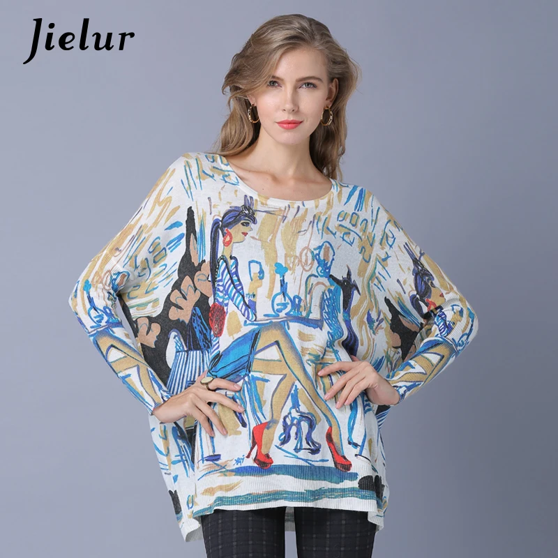 Jielur 2021 Europe Fashion Cartoon Lady Printed Sweater for Women Loose High Street Pullover Female Plus Size 3 Colors Sweaters | Женская
