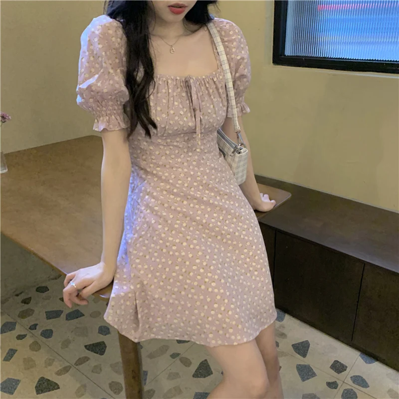 

Gentle Wind Short Sleeve Polka Dot Dress Women's 2021 Summer Square Collar A-Line Dresses Slim Waist All Match Short Sundress