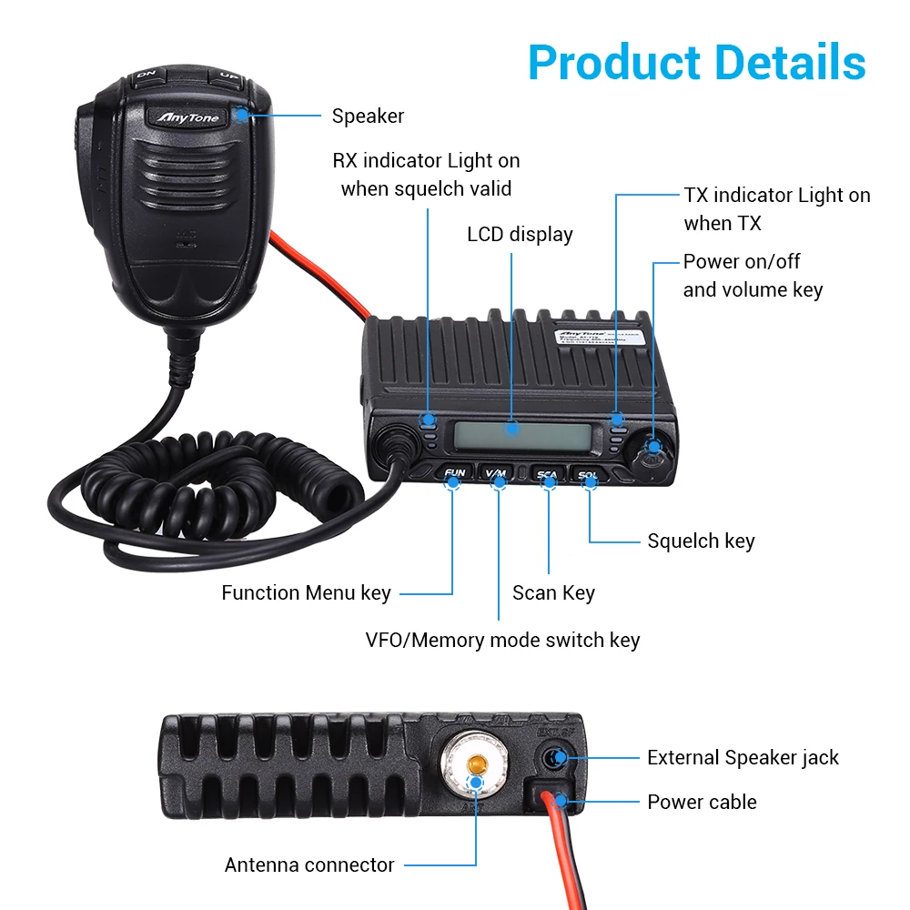 Миниатюрный автомобильный любительский мобильный радиоприемник AnyTone 18 Вт с