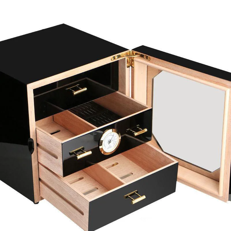 Humidificador de armario para cigarros, puerta de vidrio templado con cajones de 3 capas, forrado en madera de cedro espa&ntilde;ol, env&iacute;o gratis-5
