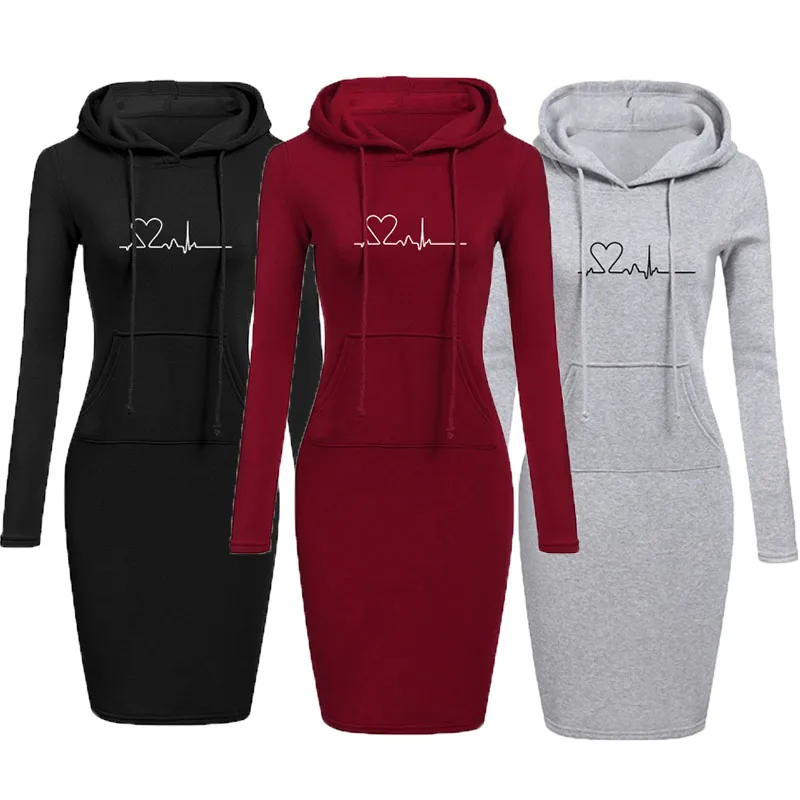 Купи 2021 Fashion Women Autumn Winter Long Dress Casual Long Sleeve Hoodie Dress Female Pocket Sweatshirt Tops S-3XL за 1,194 рублей в магазине AliExpress