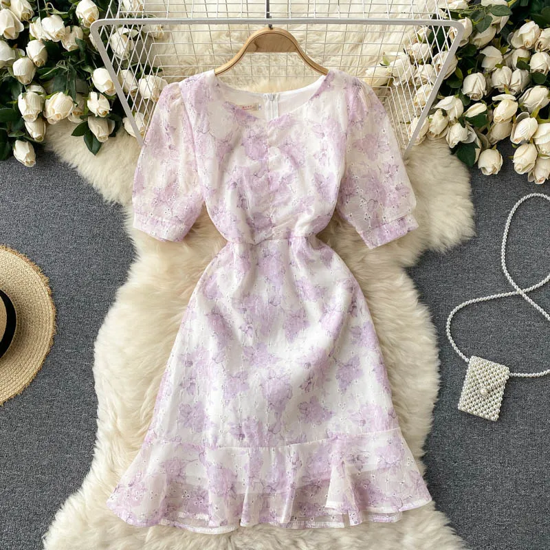 

elegant purple print dress dress 2021 new embroidery hollow out all ruffled skirt cultivate morality short paragraph