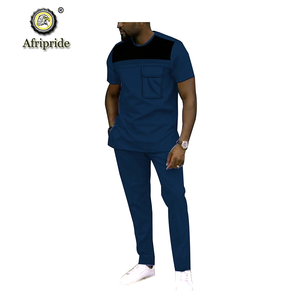 2019 Men`s 2 Piece Set African Dashiki Tracksuit Short Sleeve Blouse Tops and Pants Set Plus Size Wax Wear AFRIPRIDE S1916040