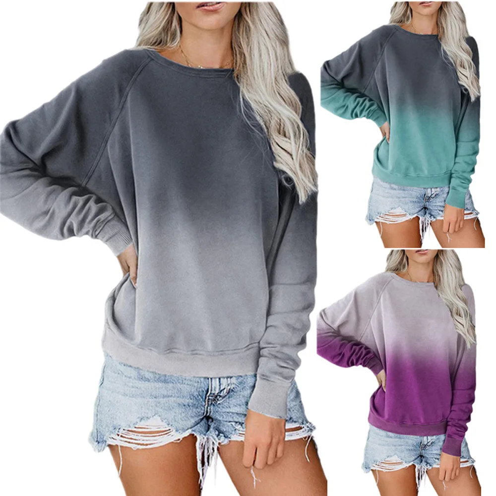 

2020 Women's T-shirt Autumn and Winter European and American Gradient round Neck Pullover Long Sleeve Casual Loose T-shirts