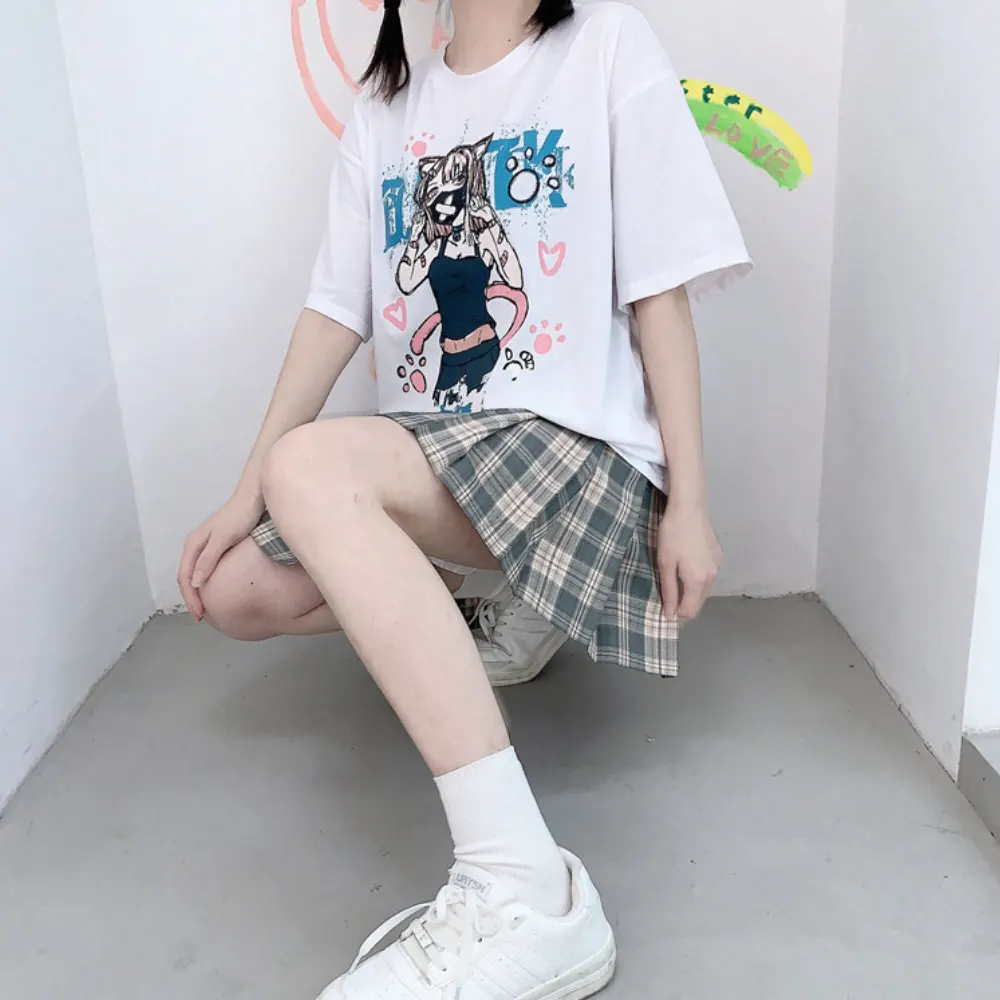 

ZOTTSOZ T-Shirts Summer Women Japanese Anime Girl Print Short Sleeve Tees Cotton Korean Loose Harajuku Casual Gothic Vintage Top