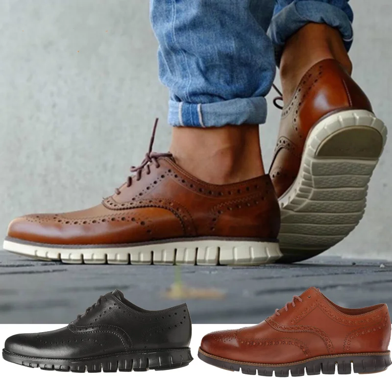 

Men Dress Shoes Carved Falt Casual Shoes Man Leather Soft Bottom Lace Up Male Borgue Shoes Nonslip Outdoor Light Chaussure Homme