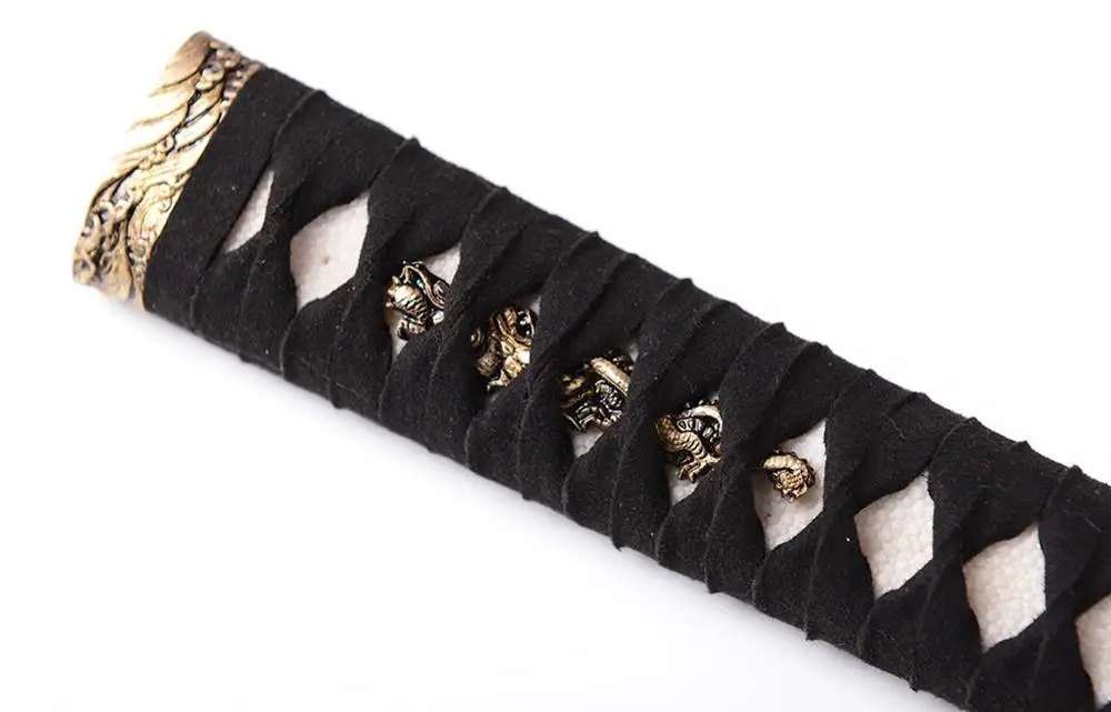 Shijian Swords High Grade Tsuka Handle For Katana Real Leather Ito Wrapped Tsuka Assembled with Brass Fitting 26 CM Black Handle