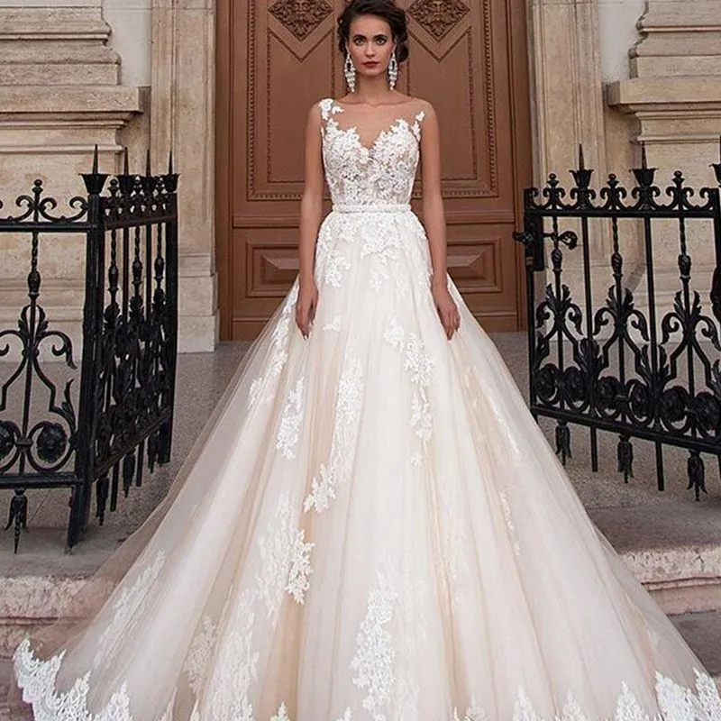 

BANVASAC Illusion Scoop Crystal Sash Champagne A Line Wedding Dresses Lace Appliques Sweep Train Bridal Gowns