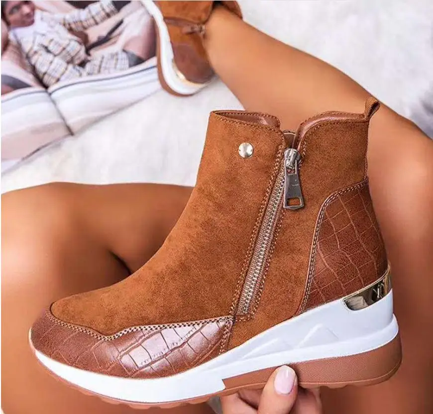 

2020 осень/зима размера плюс, новая женская обувь с высоким берцем на плоской подошве Боковая молния повседневная спортивная женская обувь