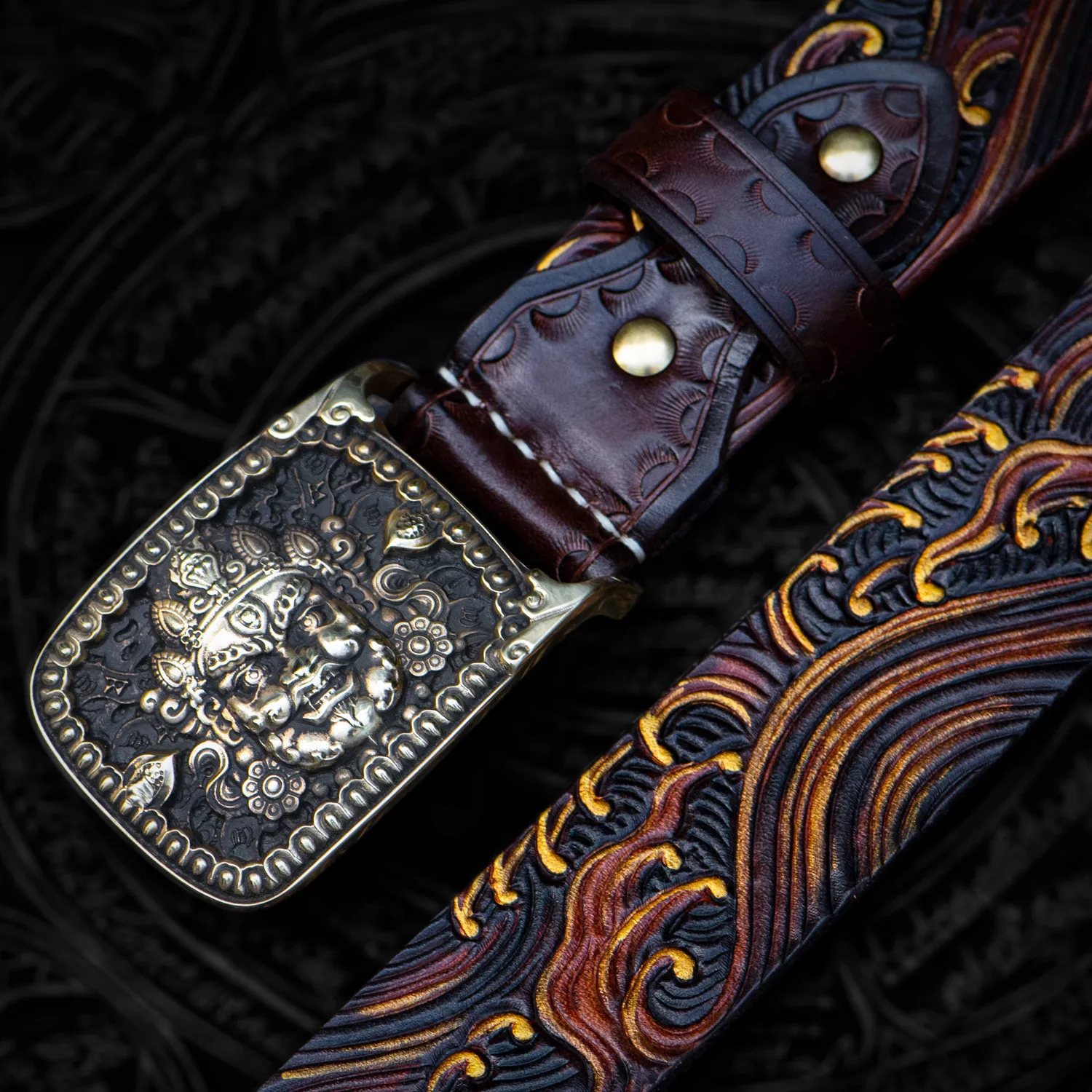 Genuine Leather Strap Male Belts For Men Women Cowhide Vintage Copper Buckle Belt Carving Vines