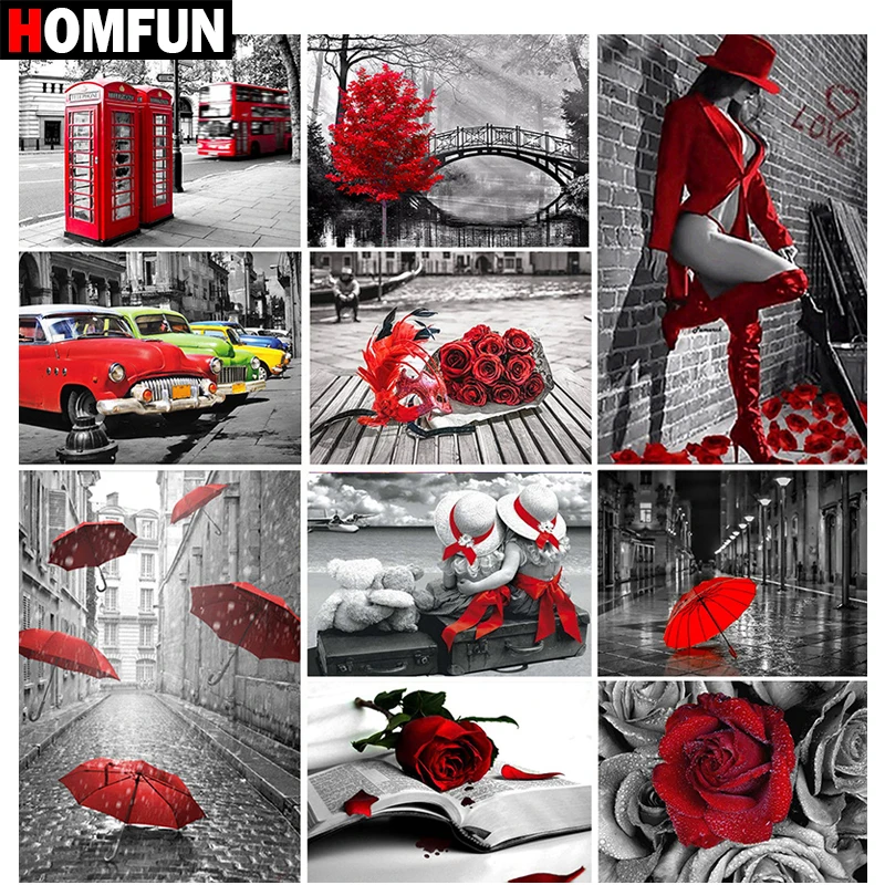 

HOMFUN Full Drill Diamond Painting "Red umbrella rose flower" DIY Picture Of Rhinestone 5D Diamond Embroidery Cross Stitch Decor