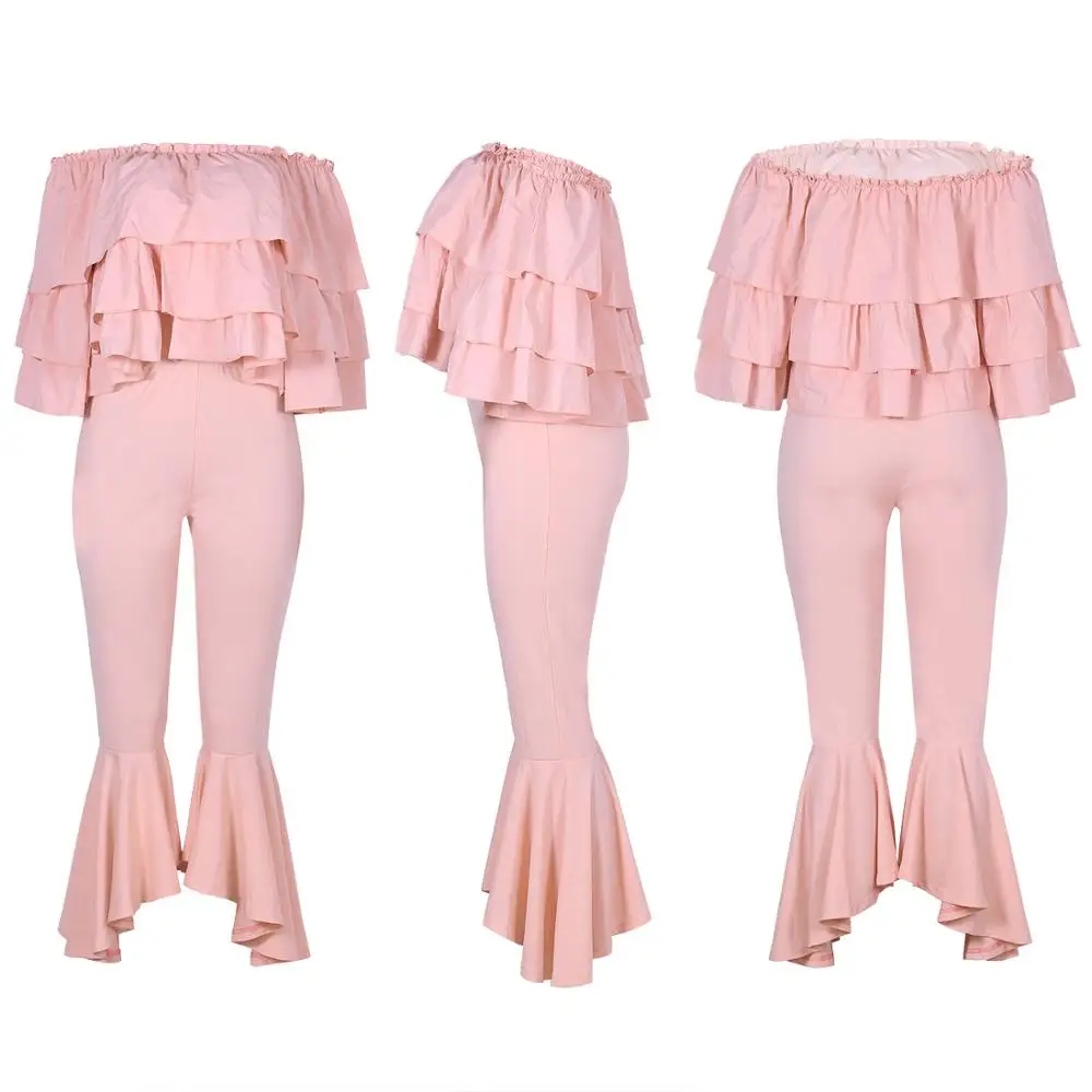 

Sweet Sexy Ruffled Strapless Matching Sets Slash Neck Off Shoulder Ruffles Top With Pants Women Plus Size Club Outfits Pink 2019