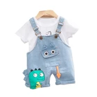 Летняя одежда для маленьких мальчиков и девочек, детская одежда с мультипликационным динозавром, футболка для младенцев, комбинезоны, повседневный спортивный костюм из 2 предметов