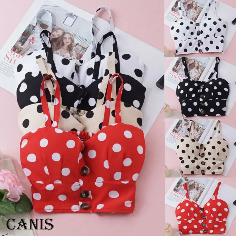 Женский сексуальный топ в горошек без рукавов летний короткий на бретельках с