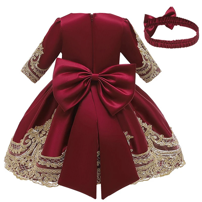 wine red Зимнее платье для девочек с длинными рукавами; белое платье для крещения одежда для дня рождения для маленьких девочек 1 год кружевное бальное платье на крестины для маленьких девочек - Цвет: wine red