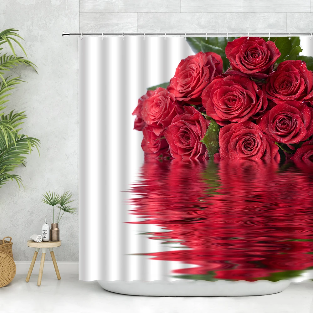 

Занавеска для душа с красной розой, романтичная занавеска для ванной с крючками, цветочным узором, отражение на воде, белый цвет