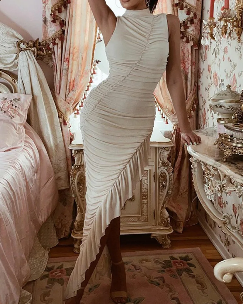 

Женское летнее модное тонкое платье, элегантное пикантное однотонное Плиссированное длинное платье с разрезом для вечерние ринки и ночног...