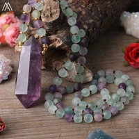 natural amethysts quartz double point pendant 8mm frost matted rainbow fluorite round beads knot handmade necklace women jewelry